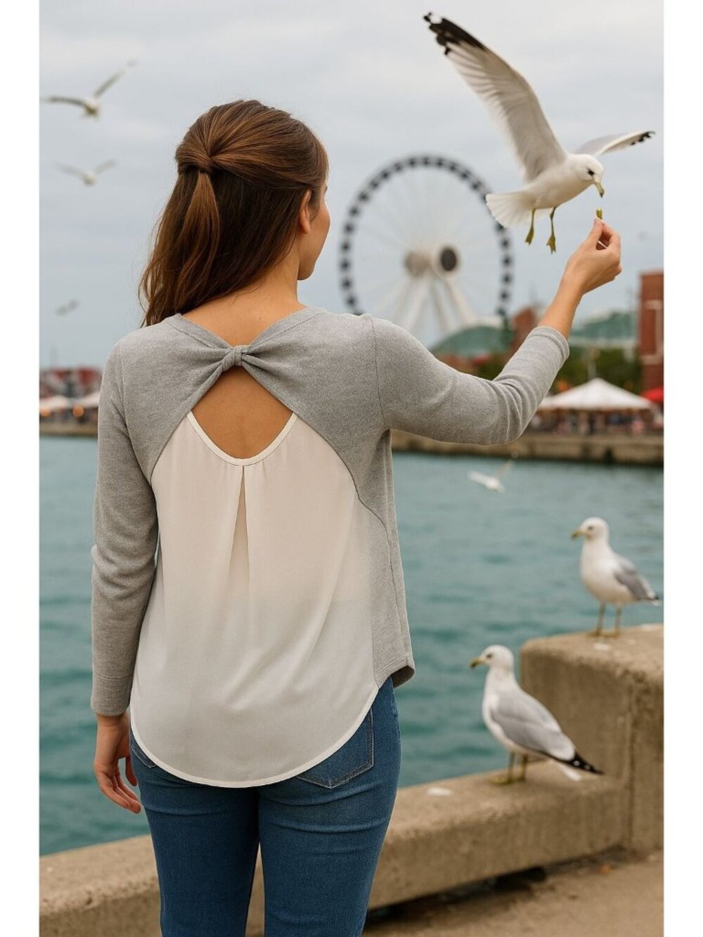 89th + Madison XL Gray Knit Chiffon Back Twist Pullover Lightweight Sheer Layer
